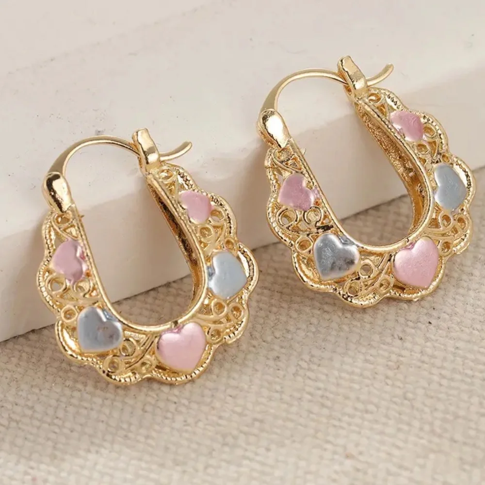 NWT! Pretty Gold Tone Hoop Pierced Earrings with Pastel Pink and Blue Hearts!